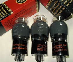 Single Tubes, Brand Spanking NEW, NIB 1950s Sylvania USA and MARCONI CANADA  6V6G ST Coke Bottle smoke glass tubes. Labeled and boxed by Westinghouse  CANADA. Very desirable tube for both Guitar and Audio applications.